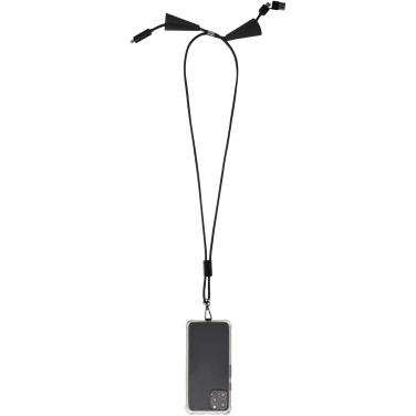 Logotrade Logogeschenke das Foto: Funi 5 in 1 Lanyard Kabel aus recyceltem Kunststoff für Smartphones mit integrierter Datensynchronisierung und 100 W Schnellladefunktion