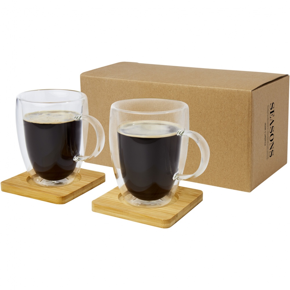 Logo trade corporate gifts picture of: Manti 2-piece 350 ml double-wall glass cup with bamboo coaster 