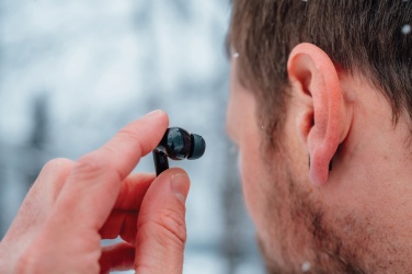 Logotrade advertising products photo of: Skywave RCS recycled plastic solar earbuds