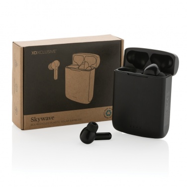 Logo trade business gifts image of: Skywave RCS recycled plastic solar earbuds