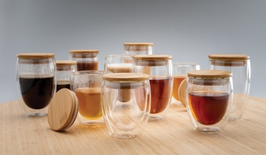 Logo trade promotional merchandise picture of: Double wall borosilicate glass with bamboo lid 350ml 2pc set