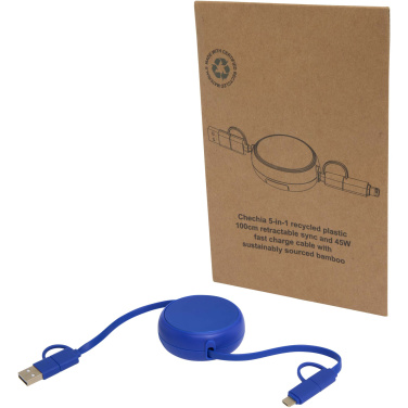 Logo trade promotional gifts picture of: Alasia 5-in-1 100 cm recycled plastic and aluminium retractable data sync and 45W fast charge cable