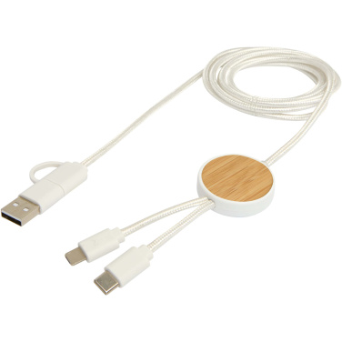 Logo trade promotional merchandise picture of: Chechia 5-in-1 recycled plastic 150 cm data sync and 27W fast charge cable with bamboo details