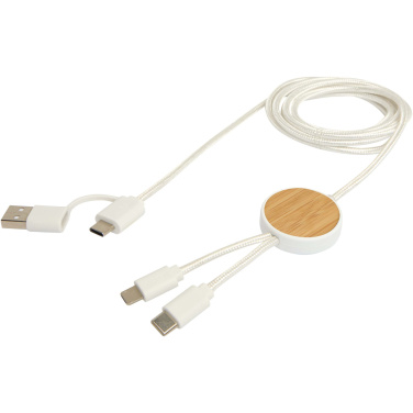 Logotrade promotional merchandise image of: Chechia 5-in-1 recycled plastic 150 cm data sync and 27W fast charge cable with bamboo details