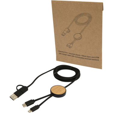 Logotrade promotional item image of: Chechia 5-in-1 recycled plastic 150 cm data sync and 27W fast charge cable with bamboo details