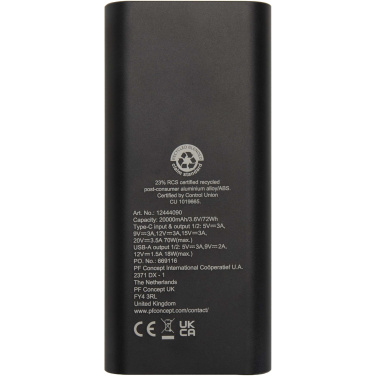 Logo trade promotional merchandise photo of: Acamar 20.000 mAh 70W recycled aluminium laptop power bank