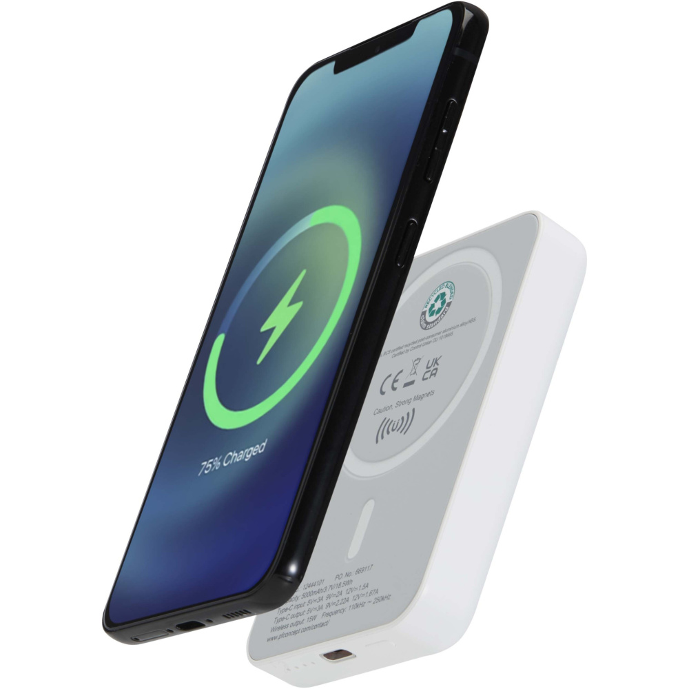 Logotrade promotional item image of: Acrab 5000 mAh 15W magnetic wireless power bank with 20W PD - made from recycled plastic