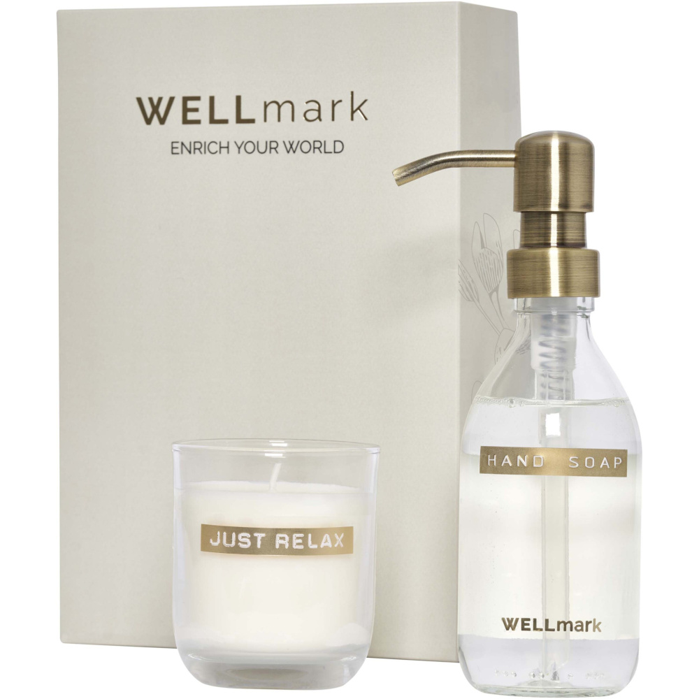 Logotrade Ideja dāvanas foto: Wellmark Discovery 250 ml roku ziepju dozators un 150 g aromātisko sveču komplekts