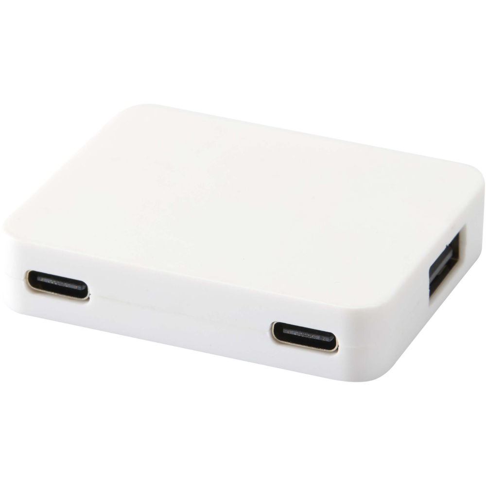 Лого трейд бизнес-подарки фото: Gaia 4-портовый USB-концентратор с выходом USB-A и Type-C и двойным входом — изготовлен из переработанного пластика