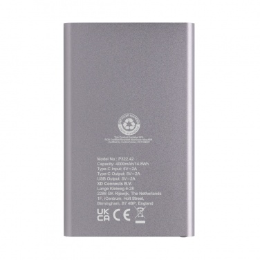 Logotrade reklamprodukter bild: 4.000mAh powerbank, type C, RCS återvunnen plast/aluminium